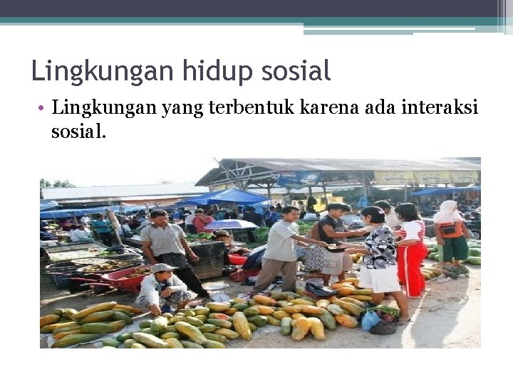 Lingkungan hidup sosial • Lingkungan yang terbentuk karena ada interaksi sosial. 