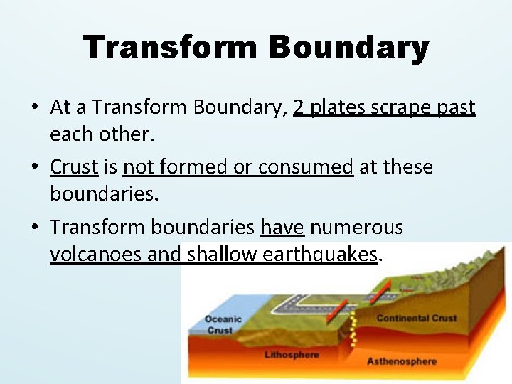 Transform Boundary • At a Transform Boundary, 2 plates scrape past each other. • Transform Boundary • At a Transform Boundary, 2 plates scrape past each other. •