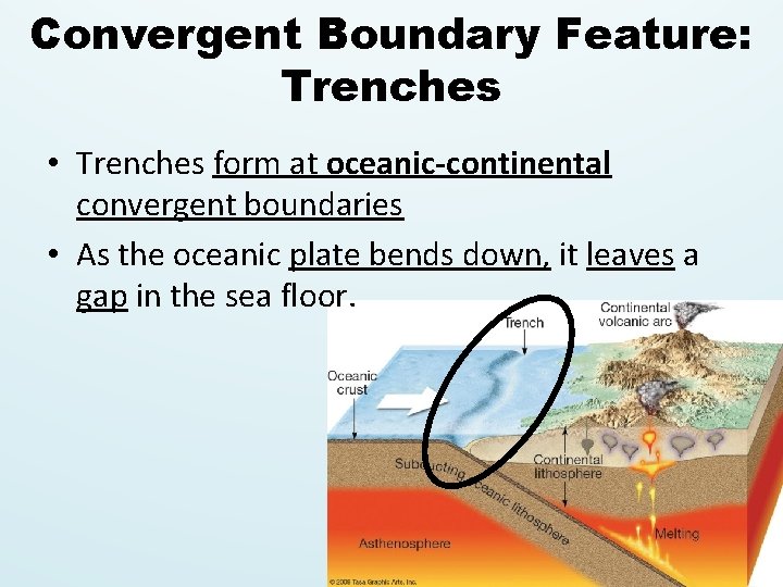 Convergent Boundary Feature: Trenches • Trenches form at oceanic-continental convergent boundaries • As the