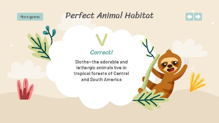 More games Perfect Animal Habitat Correct! Sloths—the adorable and lethargic animals live in tropical