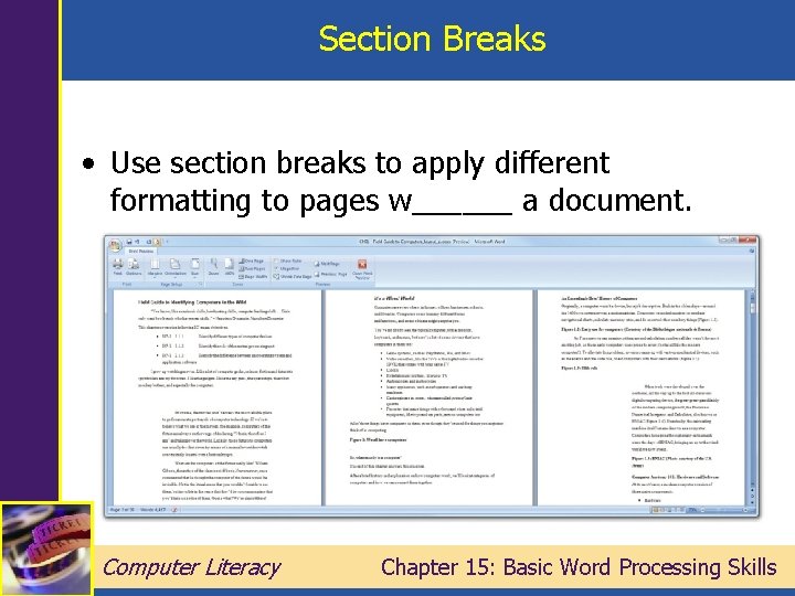 Section Breaks • Use section breaks to apply different formatting to pages w______ a