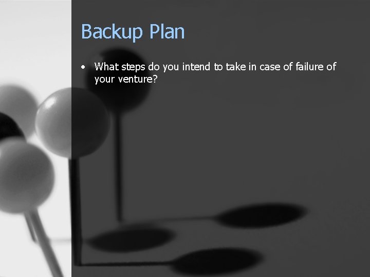 Backup Plan • What steps do you intend to take in case of failure