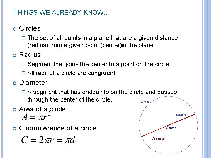 THINGS WE ALREADY KNOW… Circles � The set of all points in a plane THINGS WE ALREADY KNOW… Circles � The set of all points in a plane
