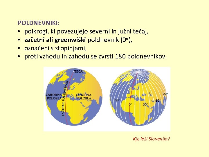 POLDNEVNIKI: • polkrogi, ki povezujejo severni in južni tečaj, • začetni ali greenwiški poldnevnik