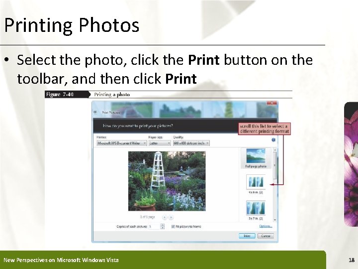 Printing Photos XP • Select the photo, click the Print button on the toolbar,