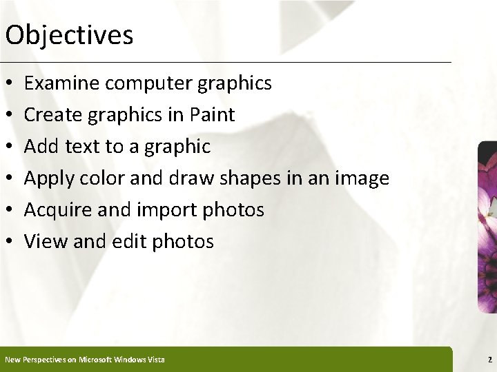 Objectives • • • XP Examine computer graphics Create graphics in Paint Add text