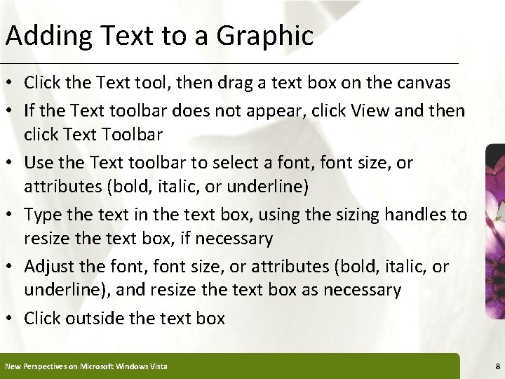 Adding Text to a Graphic XP • Click the Text tool, then drag a