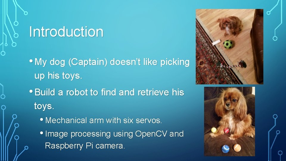 Introduction • My dog (Captain) doesn’t like picking up his toys. • Build a