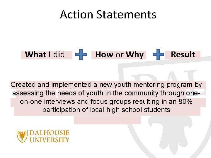 Action Statements What I did How or Why Result Created and implemented a new