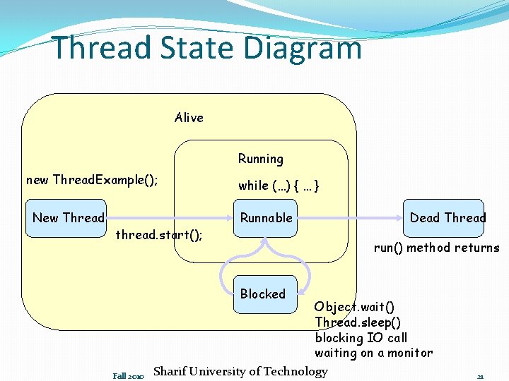 Thread State Diagram Alive Running new Thread. Example(); New Thread thread. start(); while (…)