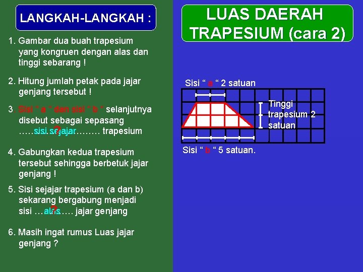 LANGKAH-LANGKAH : 1. Gambar dua buah trapesium yang kongruen dengan alas dan tinggi sebarang