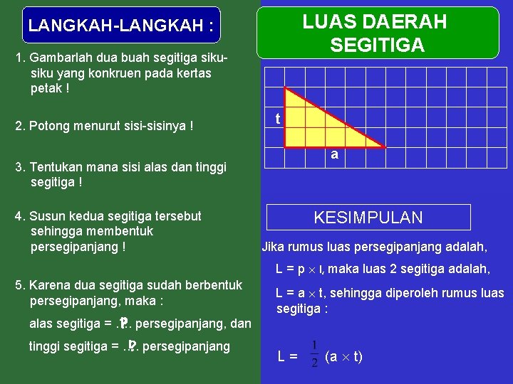 LUAS DAERAH SEGITIGA LANGKAH-LANGKAH : 1. Gambarlah dua buah segitiga siku yang konkruen pada