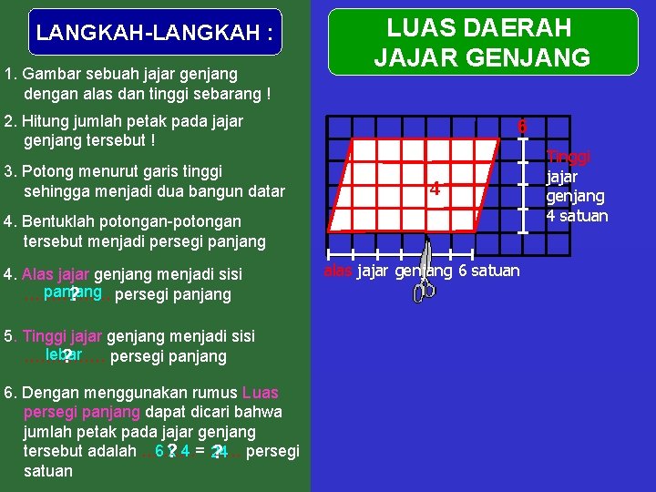 LANGKAH-LANGKAH : 1. Gambar sebuah jajar genjang dengan alas dan tinggi sebarang ! LUAS