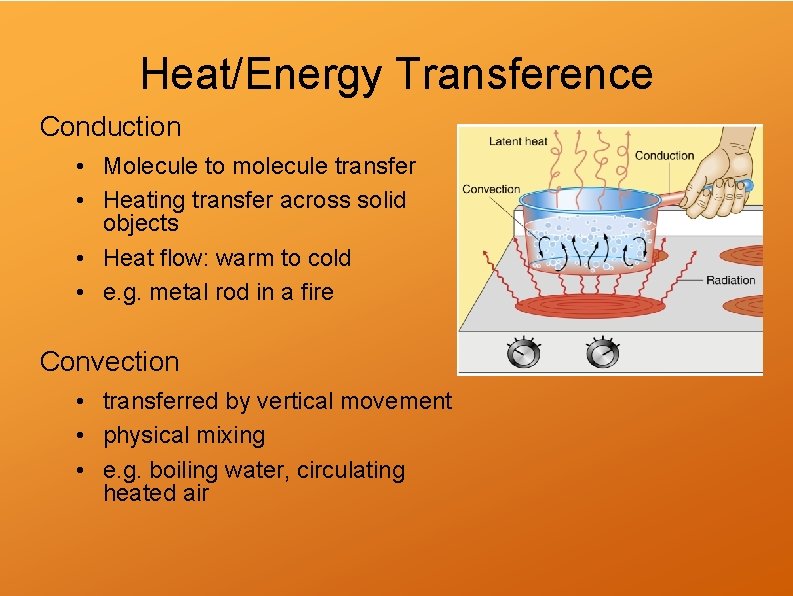 Heat/Energy Transference Conduction • Molecule to molecule transfer • Heating transfer across solid objects