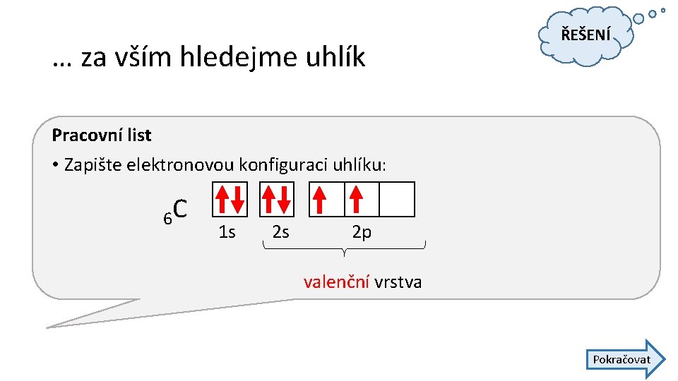 … za vším hledejme uhlík ŘEŠENÍ Pracovní list • Zapište elektronovou konfiguraci uhlíku: 6 … za vším hledejme uhlík ŘEŠENÍ Pracovní list • Zapište elektronovou konfiguraci uhlíku: 6