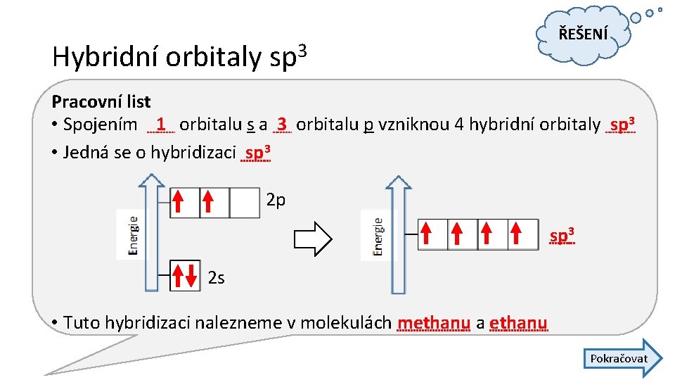 Hybridní orbitaly sp 3 ŘEŠENÍ Pracovní list • Spojením 1 orbitalu s a 3 Hybridní orbitaly sp 3 ŘEŠENÍ Pracovní list • Spojením 1 orbitalu s a 3