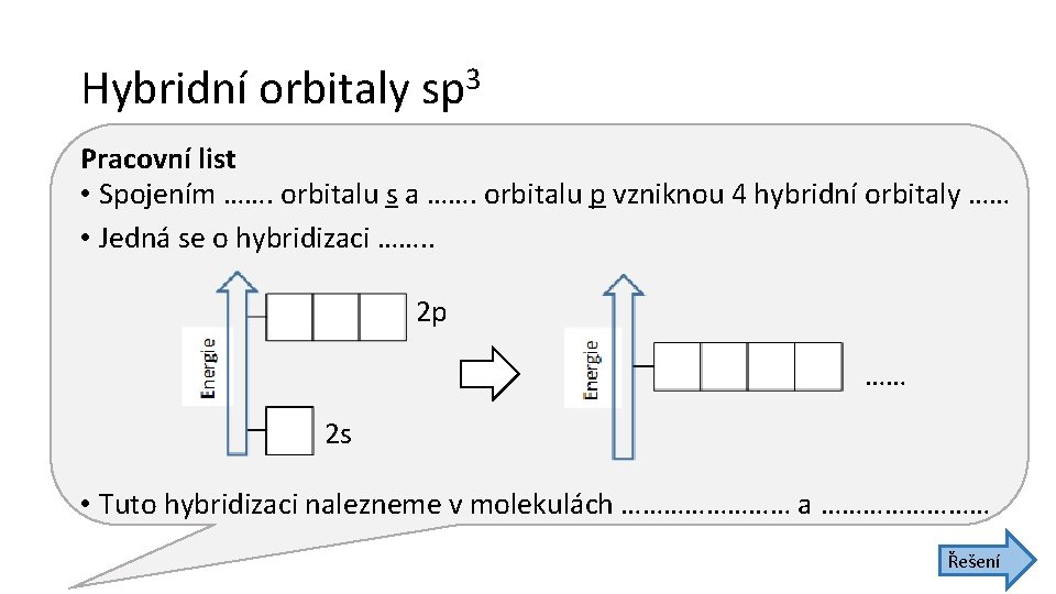 Hybridní orbitaly sp 3 Pracovní list • Spojením ……. orbitalu s a ……. orbitalu Hybridní orbitaly sp 3 Pracovní list • Spojením ……. orbitalu s a ……. orbitalu