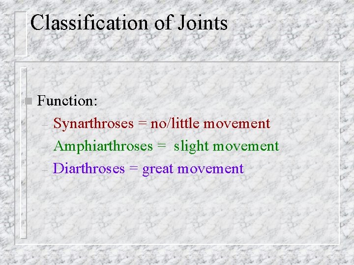 Classification of Joints n Function: – Synarthroses = no/little movement – Amphiarthroses = slight