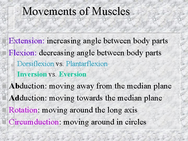 Movements of Muscles Extension: increasing angle between body parts n Flexion: decreasing angle between