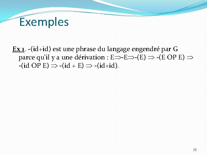 Exemples Ex 1. -(id+id) est une phrase du langage engendré par G parce qu'il