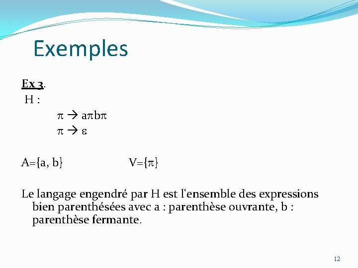 Exemples Ex 3. H: a b A={a, b} V={ } Le langage engendré par