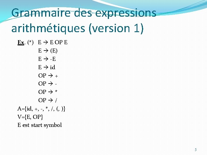 Grammaire des expressions arithmétiques (version 1) Ex. (*) E E OP E E (E)