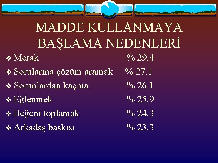 MADDE KULLANMAYA BAŞLAMA NEDENLERİ v Merak v Sorularına çözüm aramak v Sorunlardan kaçma v