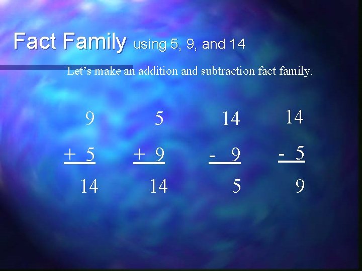 Fact Family using 5, 9, and 14 Let’s make an addition and subtraction fact