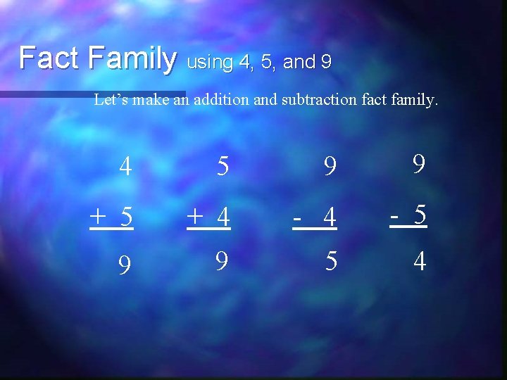 Fact Family using 4, 5, and 9 Let’s make an addition and subtraction fact