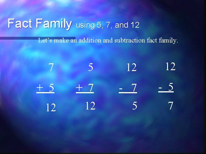 Fact Family using 5, 7, and 12 Let’s make an addition and subtraction fact