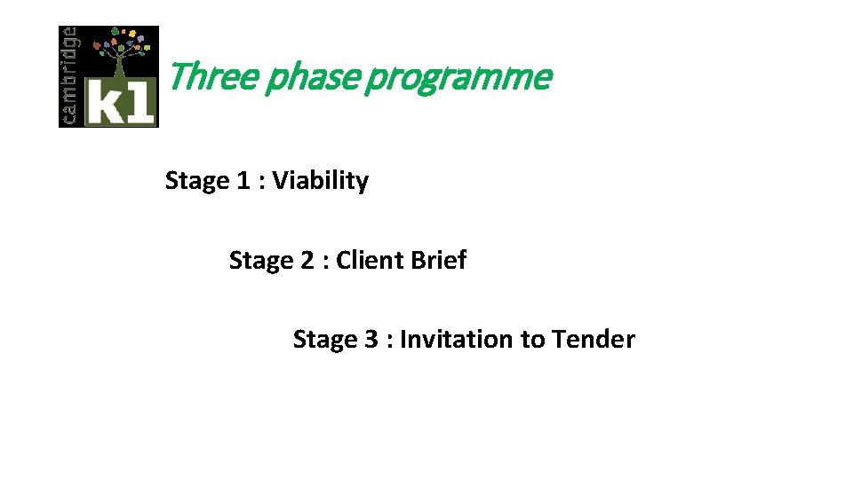 Three phase programme Stage 1 : Viability Stage 2 : Client Brief Stage 3