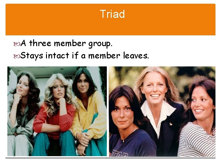 Triad A three member group. Stays intact if a member leaves. 