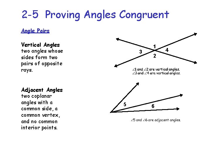 2 -5 Proving Angles Congruent Angle Pairs Vertical Angles two angles whose sides form