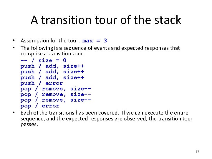 A transition tour of the stack • Assumption for the tour: max = 3.