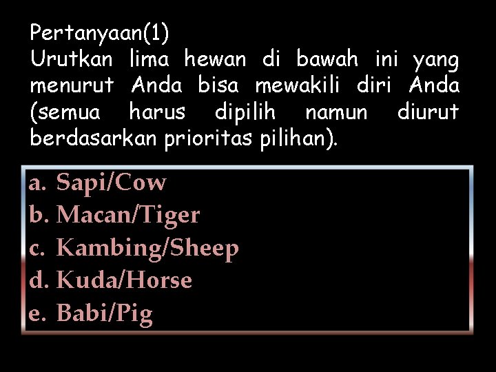 Pertanyaan(1) Urutkan lima hewan di bawah ini yang menurut Anda bisa mewakili diri Anda