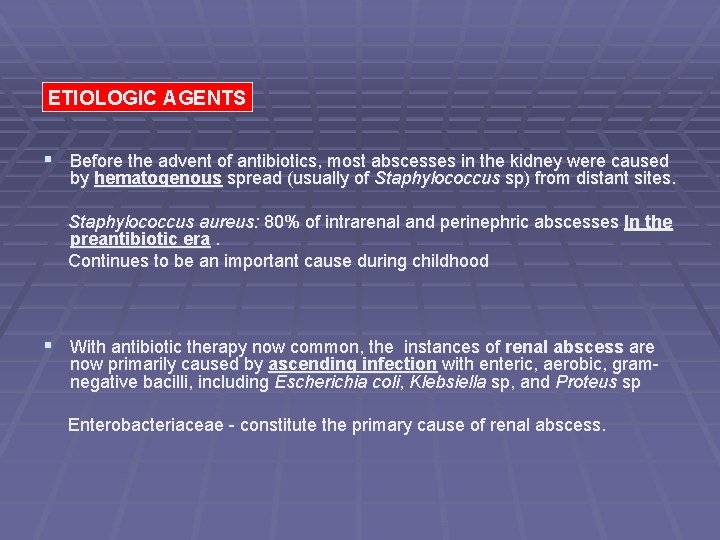 ETIOLOGIC AGENTS § Before the advent of antibiotics, most abscesses in the kidney were