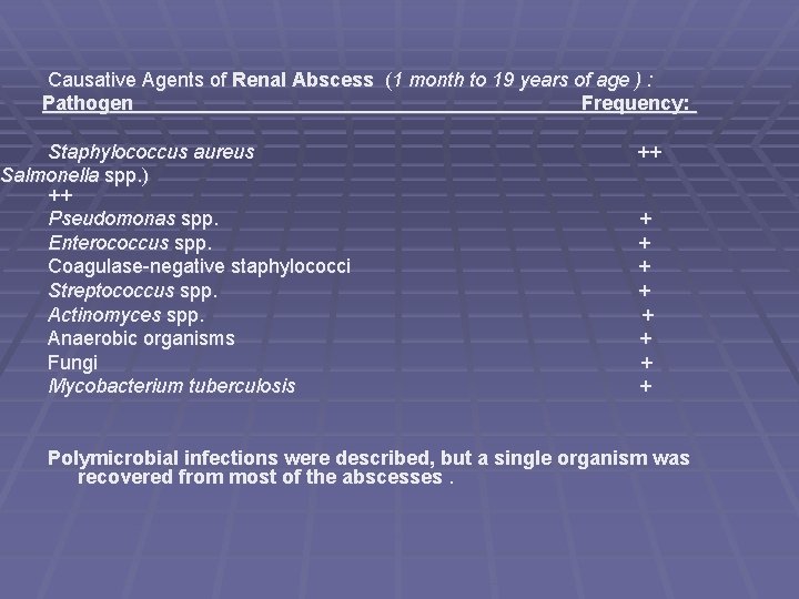 Causative Agents of Renal Abscess (1 month to 19 years of age ) :