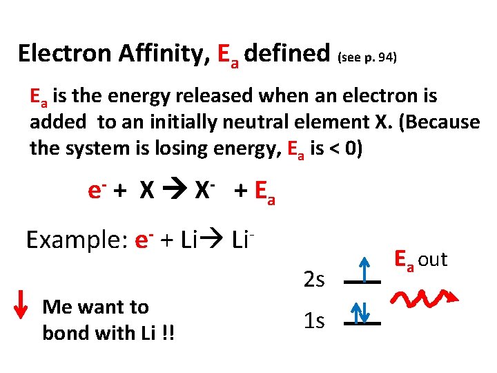 Electron Affinity, Ea defined (see p. 94) Ea is the energy released when an