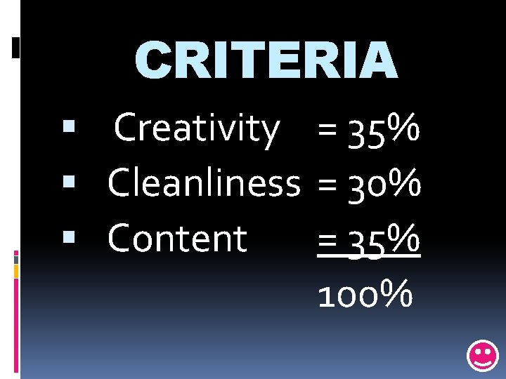 CRITERIA Creativity = 35% Cleanliness = 30% Content = 35% 100% 