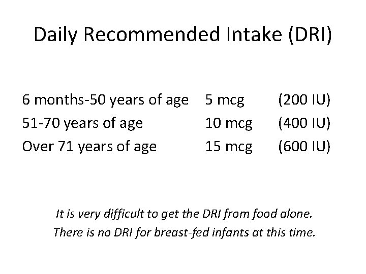 Daily Recommended Intake (DRI) 6 months-50 years of age 5 mcg 51 -70 years