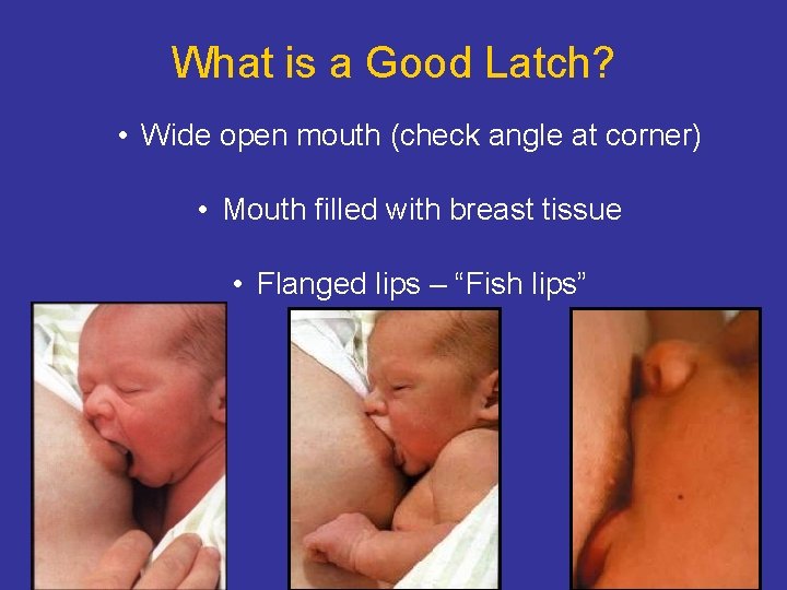 What is a Good Latch? • Wide open mouth (check angle at corner) •