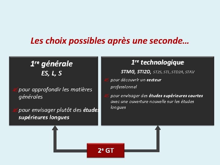 Les choix possibles après une seconde… 1 re technologique 1 re générale STMG, STI