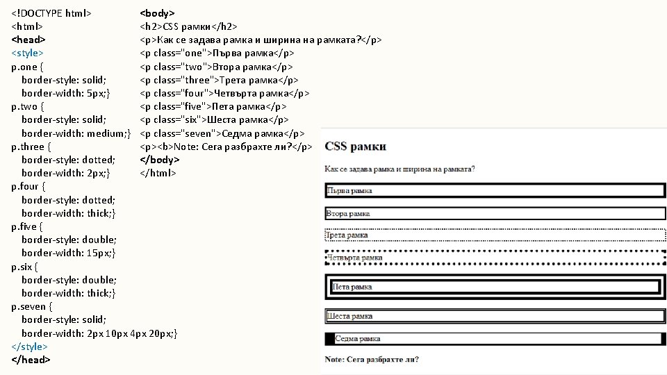 <body> <!DOCTYPE html> <h 2>CSS рамки</h 2> <html> <p>Как се задава рамка и ширина