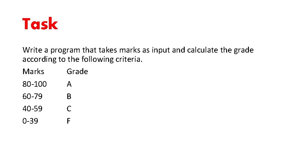 Task Write a program that takes marks as input and calculate the grade according