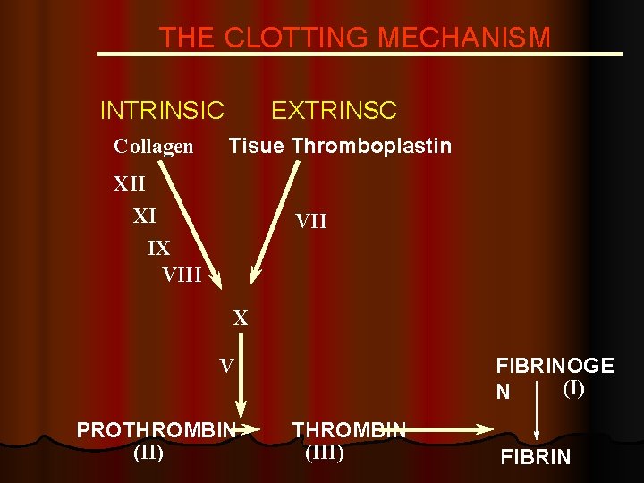 THE CLOTTING MECHANISM INTRINSIC Collagen EXTRINSC Tisue Thromboplastin XII XI IX VIII VII X