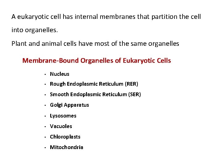A eukaryotic cell has internal membranes that partition the cell into organelles. Plant and
