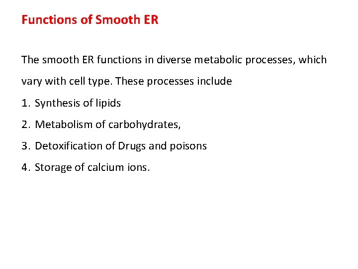 Functions of Smooth ER The smooth ER functions in diverse metabolic processes, which vary
