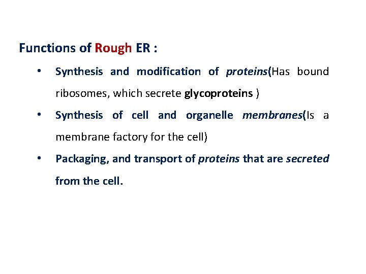 Functions of Rough ER : • Synthesis and modification of proteins(Has bound ribosomes, which
