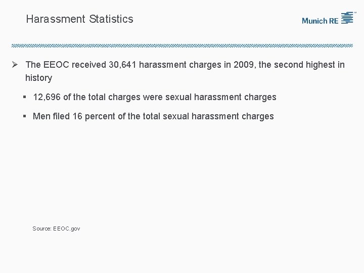 Harassment Statistics Ø The EEOC received 30, 641 harassment charges in 2009, the second