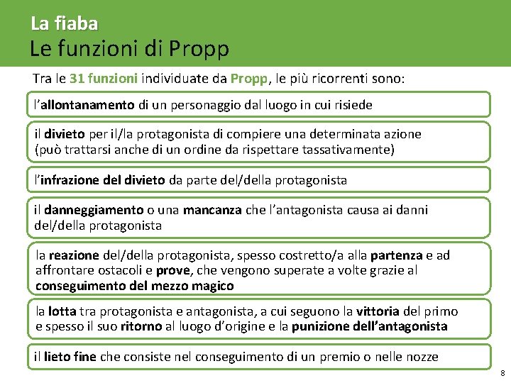 La fiaba Le funzioni di Propp Tra le 31 funzioni individuate da Propp, le